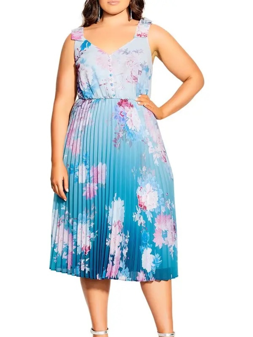 City Chic Blue Floral Pleated Midi Dress with Pink Accents